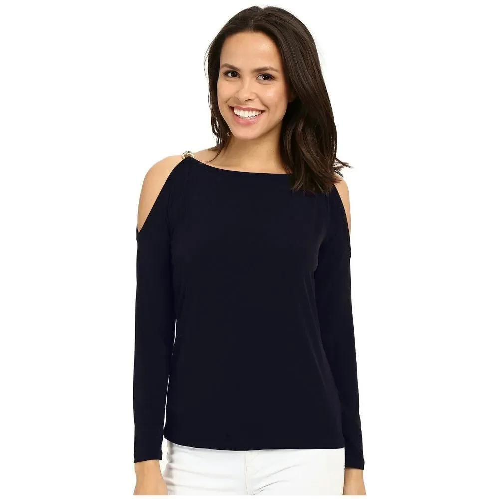 New! MICHAEL KORS Women's Chain Cold Shoulder Top Blouse Navy Blue Size Medium